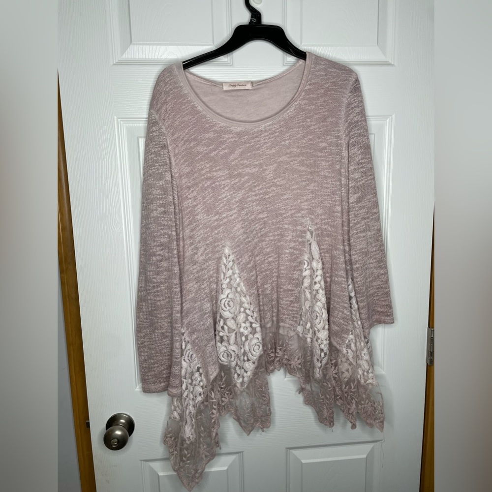 Simply Couture lace blouse. Long sleeve cowl neck chiffon layers.